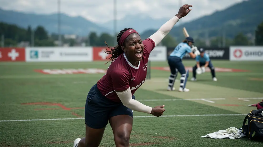 Women's cricket batter completing a front-foot stroke during a daytime international match, with fielders blurred in the background
