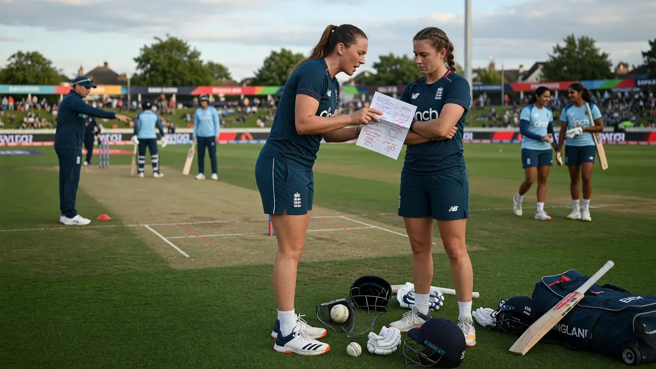 Medium shot of women's cricket fielders setting positions on a green outfield during an international match, used as the second editorial figure for the scheduling debate feature