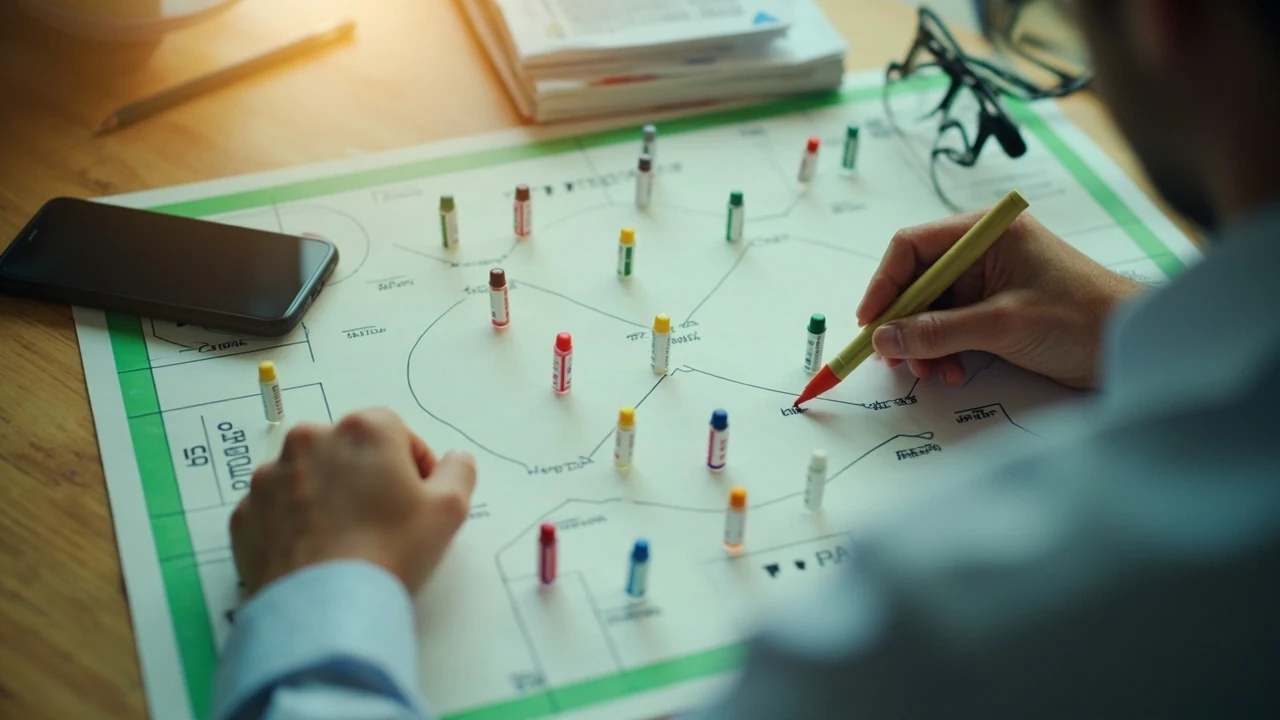 Fantasy cricket analyst arranging player roles and captain choices on a planning board