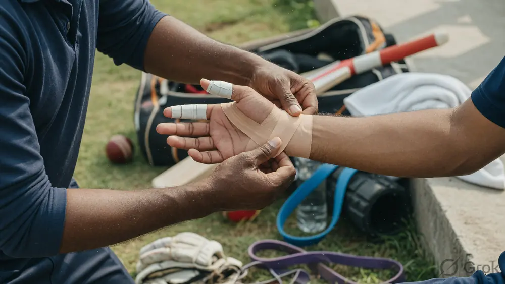 Editorial close-up of a physiotherapist taping a bowler's wrist at a net session with a cricket bag visible in soft background, used for the injury replacement section