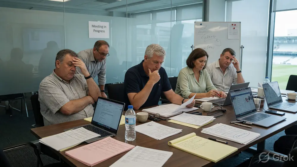 Editorial mid-frame of selectors seated at a long table reviewing printed squad forms and laptops in a glass-walled conference room, used for the selection committee section
